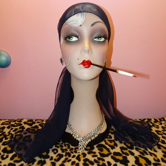 Vintage Dark Navy Blue Sheer Nylon Neck Scarf pinup retro rockabilly head wrap - Picture 14 of 15